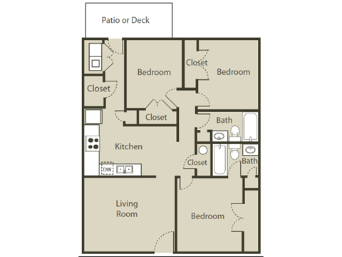 Floor plan for 3 beds, 2 baths, 1080 sqft